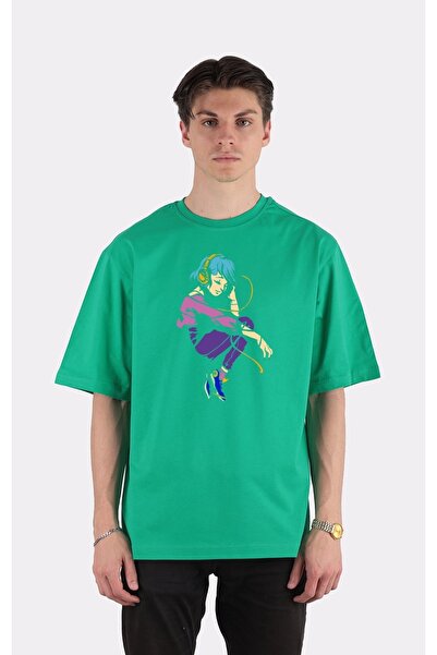 GreenMint تي شيرت أخضر كبير الحجم برقبة دائرية كارتون فتاة تستمع إلى الموسيقى...