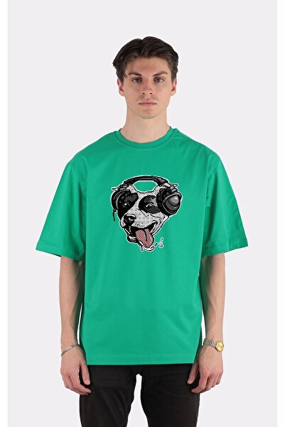 GreenMint تي شيرت أخضر كبير الحجم برقبة دائرية لطيف على شكل كلب حفرة مع سماعا...