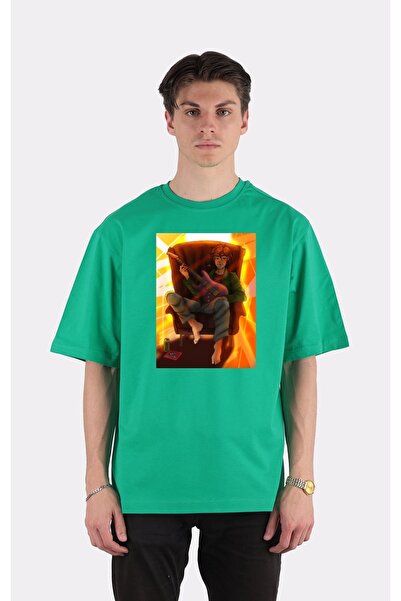 GreenMint تي شيرت أخضر كبير الحجم برقبة دائرية هيبيز مع جيتار_em1693