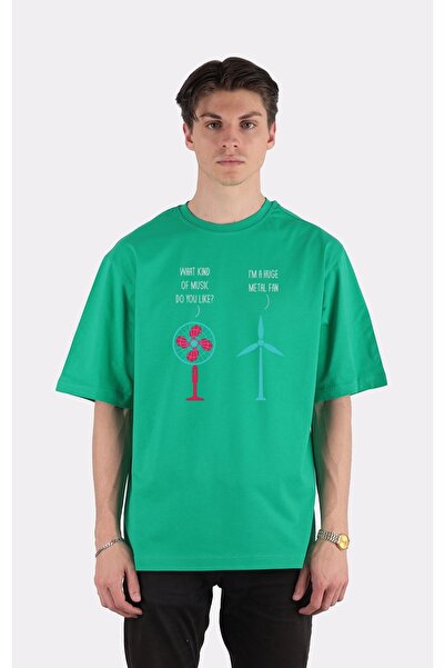 GreenMint تي شيرت أخضر كبير الحجم برقبة دائرية، مروحة معدنية ثقيلة مضحكة، موس...