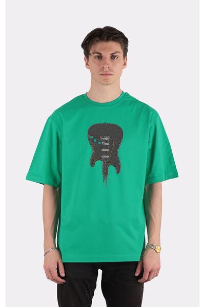 GreenMint تي شيرت أخضر كبير الحجم برقبة دائرية جيتار كهربائي Down_em1331