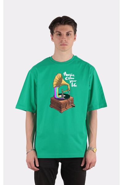 GreenMint تي شيرت أخضر كبير الحجم برقبة دائرية لون الموسيقى حياتك_em1949