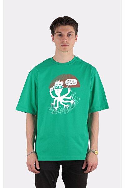 GreenMint تي شيرت أخضر كبير الحجم برقبة دائرية أنا لست DJ_EM1743