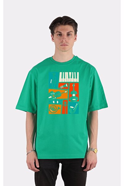 GreenMint تي شيرت أخضر كبير الحجم - رقبة دائرية، ملصق موسيقى الجاز - em1767