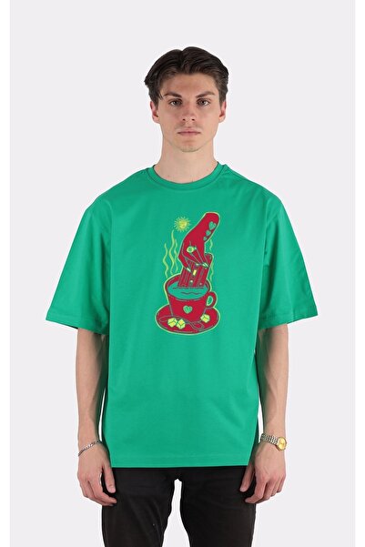 GreenMint تي شيرت أخضر كبير الحجم برقبة دائرية أنا أحب قهوتي مع موسيقى جيدة T...