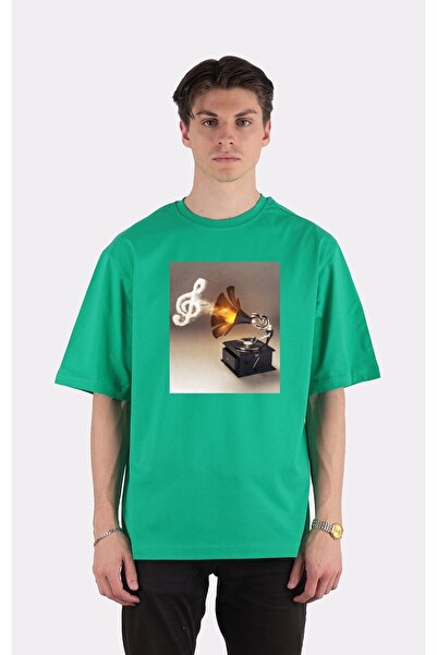GreenMint تي شيرت أخضر كبير الحجم برقبة دائرية Let The Music Play (فقط حافظ ع...