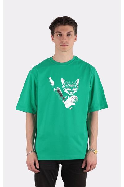 GreenMint تي شيرت أخضر برقبة دائرية مقاس كبير تي شيرت مضحك موسو كات يلعب جيتا...