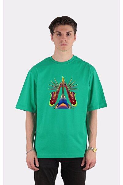 GreenMint تي شيرت أخضر كبير الحجم برقبة دائرية - موسيقى (أسود)_EM1905