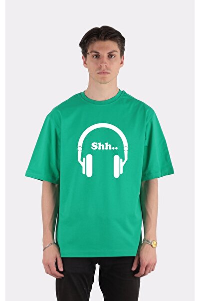GreenMint تي شيرت أخضر كبير الحجم برقبة دائرية مع سماعات وموسيقى_em1679