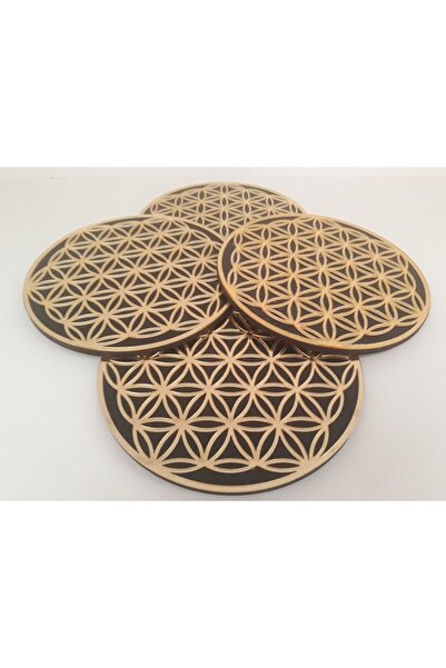 MİNAY HOME (ذهبي) قاعدة أكواب منقوشة بزهرة الحياة 4 قطع (4 قطع ذهبية)