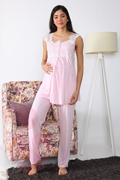 lohusahamile Maternity 2501 Pink Maternity Pajama Set with Long Dressing Gowns