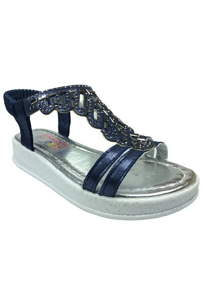 grafen Orthopedic Filet Girls' Sandals Navy Blue Leaf Pattern Stone Heeled Evening Dress