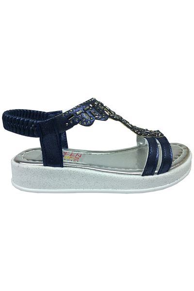 grafen Orthopedic Filet Girls' Sandals Navy Blue Leaf Pattern Stone Heeled Evening Dress