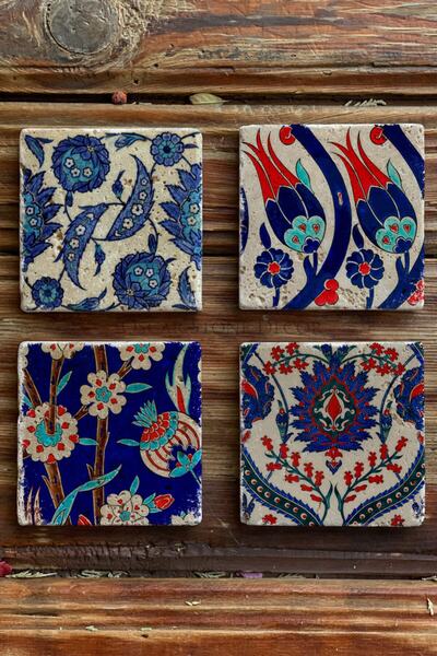 Oscar Stone Decor Baskılı Doğaltaş Bardak Altlığı 4'lü Set Desen Tile