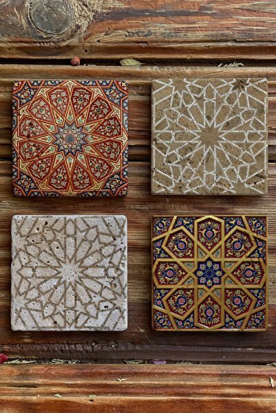 Oscar Stone Decor Baskılı Doğaltaş Bardak Altlığı 4'lü Set Desen Tile