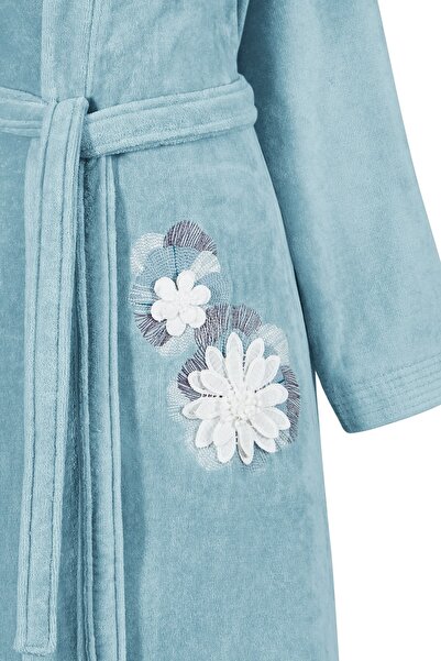 Tanem Home Kimono Bornoz Kadife Aqua %100 Pamuk Tek Nakışlı Dantelli