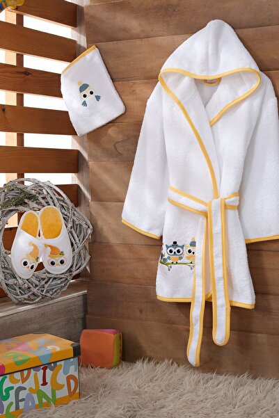 Z&R Home Tiny Owils 7-8 Yaş Bambu Bornoz Seti Sarı