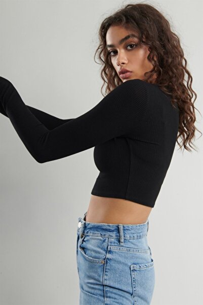 PUNKY CAT Women's Black Long Sleeve Crop Sweatshirt