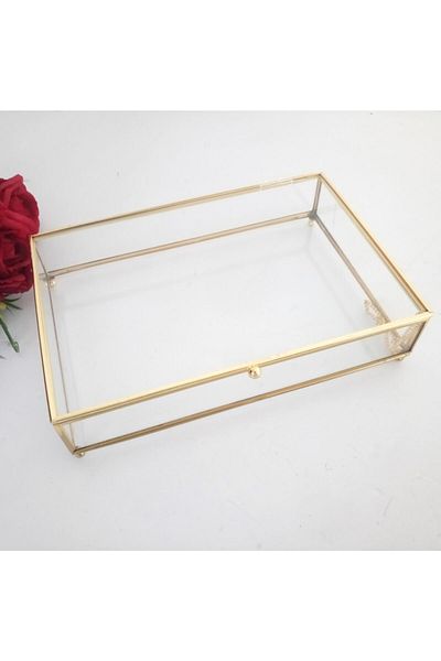Gelincimherşey Large Size Footed Glass Box with Gold Rectangular Lid