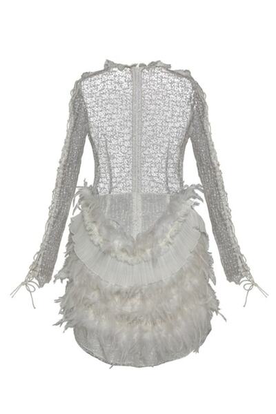 ZALA ALPASLAN Beyaz Işlemeli Tüylü Mini Abiye Elbise