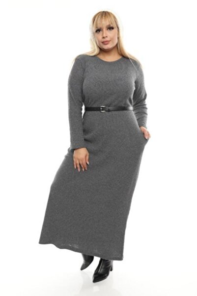 Şirin Butik Γυναικείο Μακρύ Φόρεμα Μεγάλου Μεγέθους Γκρι Σπασμένο Καμισόλα