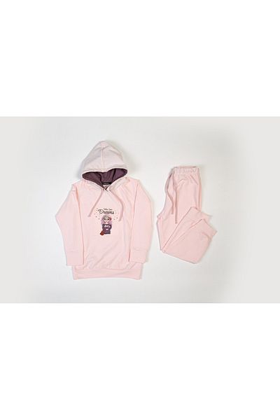 Pamuk & Pamuk Girl's Pink Hooded Puc Pattern Detailed Tracksuit Set