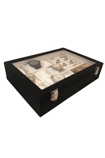 STAND MARKET Watch Box 9 Pieces with Jewelry Compartments Black Inside White