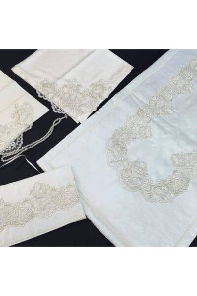 Damla Fransız Güpürlü Kadife Seccade Takımı - Krem