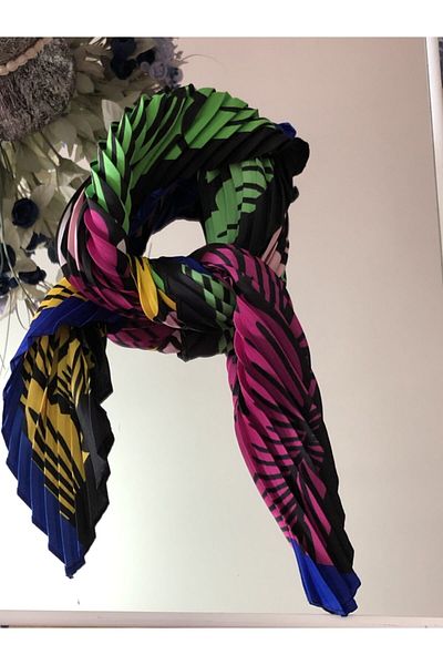 NFS BUTİK Pastel Tone Multicolored Floral Patterned Pleated Scarf