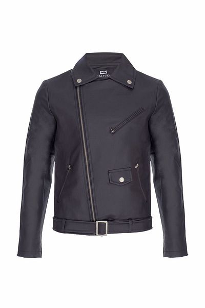Oliggopol Мъжко кожено яке Slim Fit с диагонален цип и колан в черно
