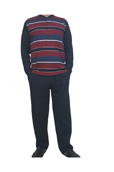 MAGİCAL STORY 100% Cotton Navy Blue Long Sleeve Oversize Men's Pajama Set