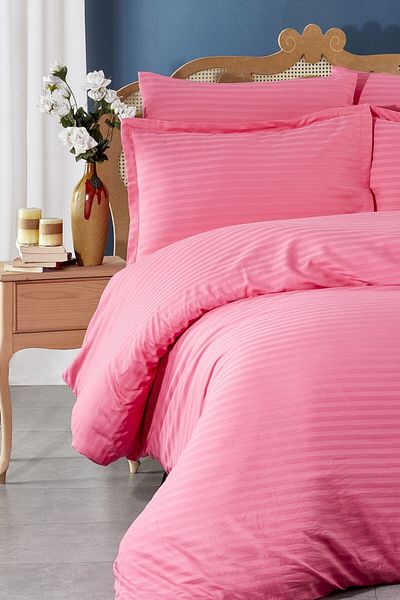 MAJESTE Fabricator Delux Striped 100% Natural Cotton Satin Duvet Cover Set Double (6 Pieces) - pink