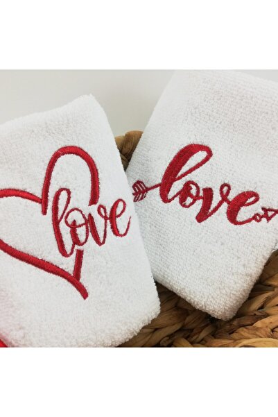 Minderya Sevgililer Günü Hediyesi Love Nakışlı 2'li Havlu Seti