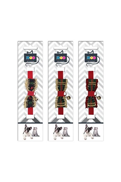 Petfony Noo 3 Adet Desenli, Püsküllü, Zilli Yılbaşı Kedi Papyonu