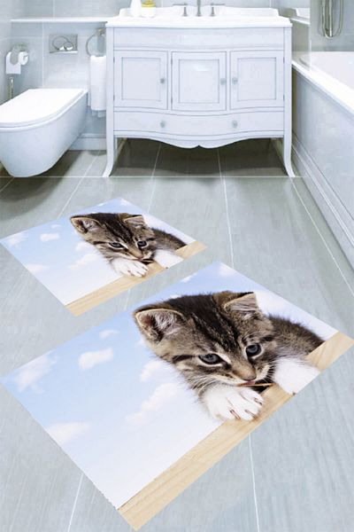 MODANOİVA Innocent Cat Patterned 2-Piece Bath Mat (50x60 - 60x100)