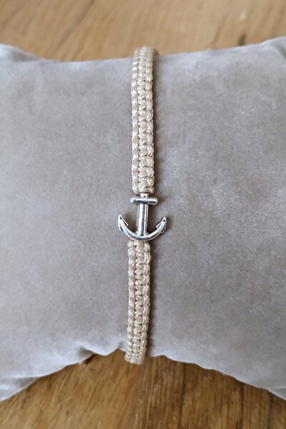 Qirpi Anchor Figured Macrame Bracelet Hand Knitted Beige Color 24 Cm