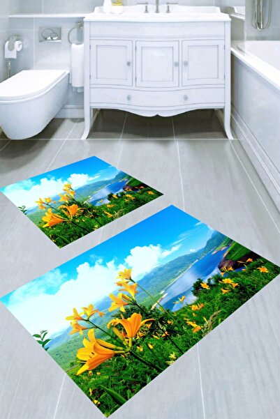 Resmiro Sarı Zambak Çiçeği Desenli 2'li Banyo Paspası (50x60 Cm - 60x100 Cm)