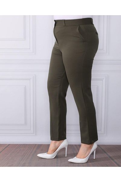 By Alba Collection Women's Dumbbell Fabric Large Size Trousers Khaki