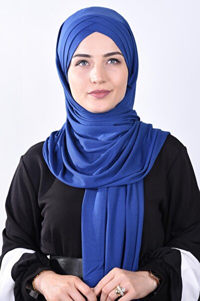 Nowa Scarf Penye 3 Bantlı Hazır Şal Saks Mavisi