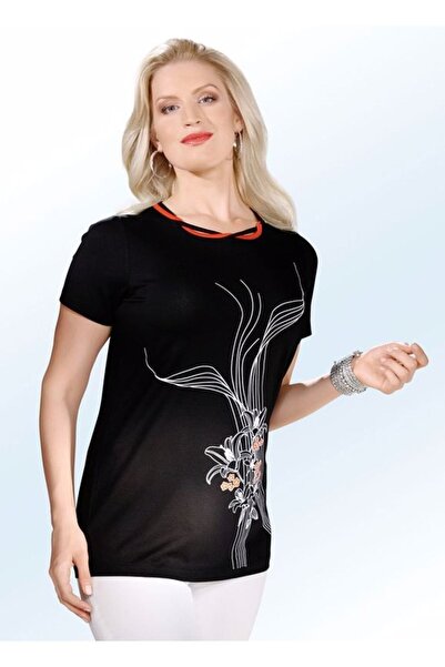 Nurteks Kadın Siyah Beyaz Çiçek Baskılı Kırmızı Yaka Detaylı  T-shirt