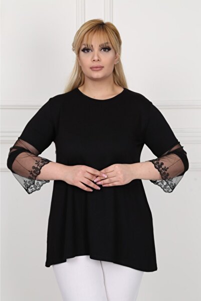 LİKRA Γυναικεία μαύρη μπλούζα βισκόζης μεγάλου μεγέθους με λεπτομέρεια από τούλι