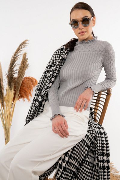 AQE FASHION Women's Ruffled Neck, Openwork Front Sweater