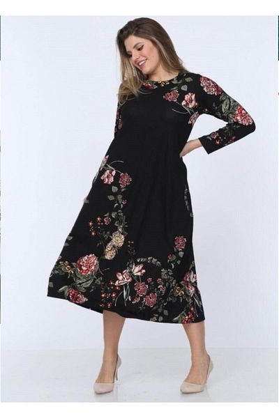 Şirin Butik Plus Size Black Pattern Collar Trim Long Dress