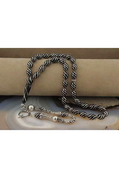 Tesbihsepetim Fountain Nightingale Silver Embroidered Moon Star Model Erzurum Oltu Stone Rosary