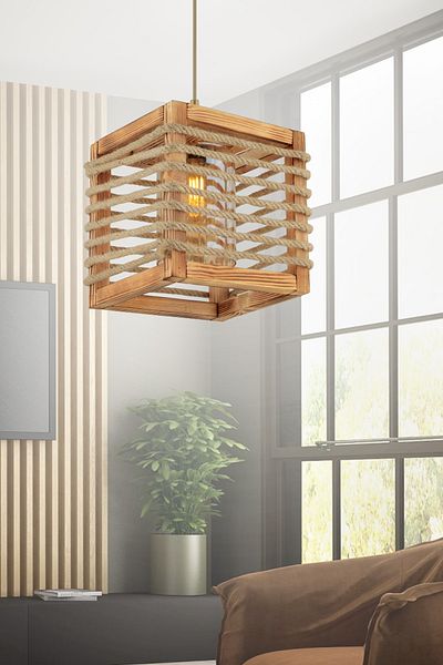BCD TASARIM AYDINLATMA Wooden Rope Pendant Lamp - Chandelier Gold Installation, Great Design Compatible with All Around