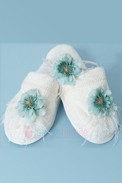 lohusahamile Lh13022 Turquoise Furry Şebboy Maternity Crown and Maternity Slippers Set