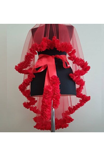 Evsay Lazer Güllü Gelin Duvağı, Gelin Yüz Örtüsü Ve Gelin Kuşağı Kırmızı