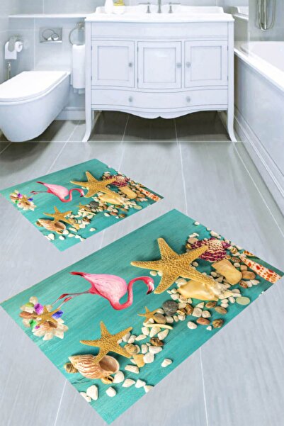 Resmiro Deniz Kabukları Ve Flamingo Desenli 2li Banyo Paspası (50x60 Cm - 60x...