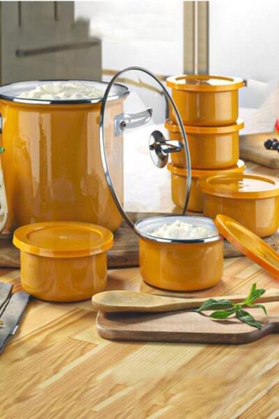 GRANDEUR طقم تخمير الزبادي بالمينا باللون الأصفر مكون من 7 قطع