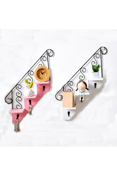 AUSVAR سلسلة مفاتيح سلم من الخشب والحديد المطاوع باللون الوردي - رف حائط - رف مفاتيح مزخرف باللون الوردي